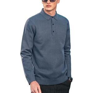Men’s Polo Sweater  Blue Casual Button Collar Knit Pullover Soft Size XXL
